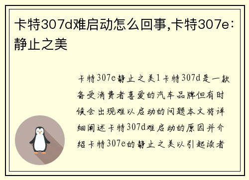 卡特307d难启动怎么回事,卡特307e：静止之美
